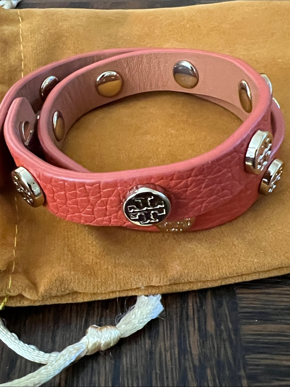 Tory Burch Leather Logo Stud Wrap Bracelet